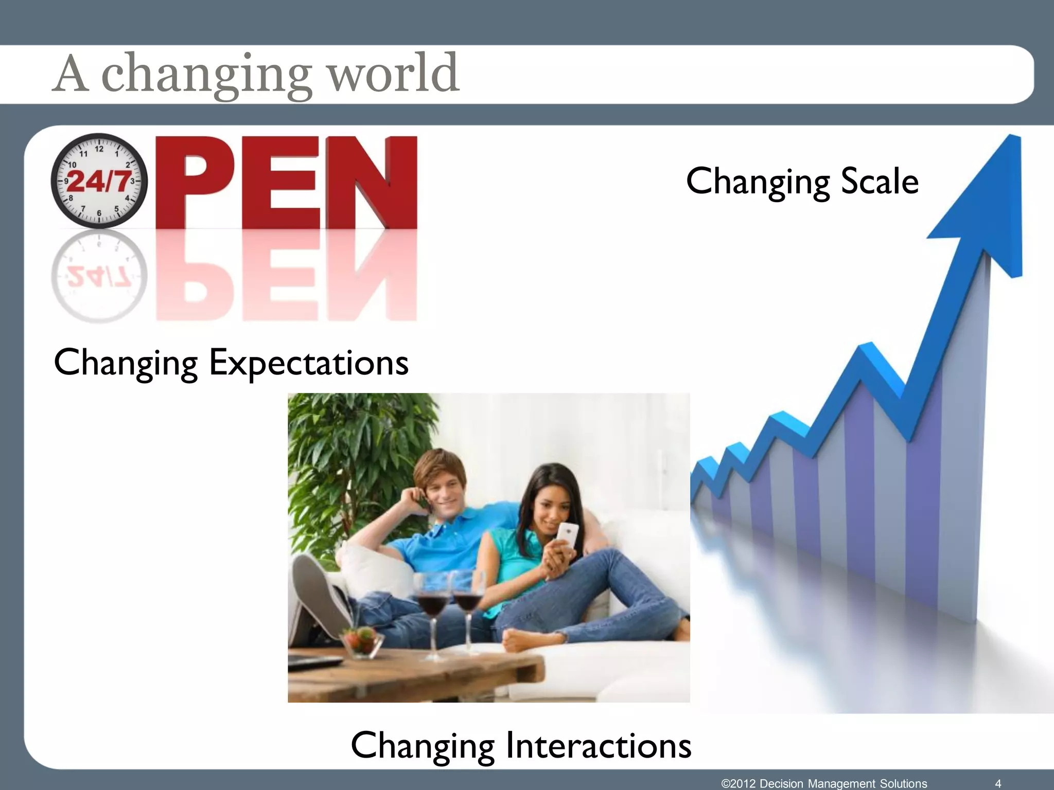 A changing world
                                     Changing Scale



Changing Expectations




                 Changing Interactions
                                         ©2012 Decision Management Solutions   4
 