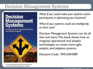 Decision Management Systems
                                                     What if you could make your systems active
                                                     participants in optimizing your business?
                                                     What if your systems could act intelligently
                                                     on their own?
                                                     Decision Management Systems can do all
                                                     that and more. This book shows how to
                                                     integrate operational and analytic
                                                     technologies to create more agile,
                                                     analytic, and adaptive systems.
                                                     Discount Code: TAYLOR4389


For more information about this new release, visit
www.decisionmanagementsolutions.com/book
                                                                          ©2012 Decision Management Solutions   30
 