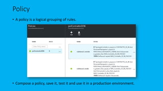 Policy
• A policy is a logical grouping of rules.
• Compose a policy, save it, test it and use it in a production environment.
 