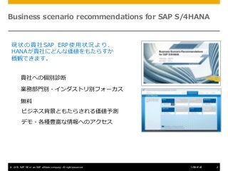 © 2015 SAP SE or an SAP affiliate company. All rights reserved. 2Internal
Business scenario recommendations for SAP S/4HANA
現状の貴社SAP ERP使用状況より、
HANAが貴社にどんな価値をもたらすか
概観できます。
無料
貴社への個別診断
業務部門別・インダストリ別フォーカス
ビジネス背景ともたらされる価値予測
デモ・各種豊富な情報へのアクセス
 