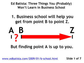 A B Z ? 1. Business school will help you get from point B to point Z. But finding point A is up to you. www.edbatista.com/2009/01/b-school.html Ed Batista: Three Things You (Probably) Won’t Learn in Business School Slide 1 of 7 