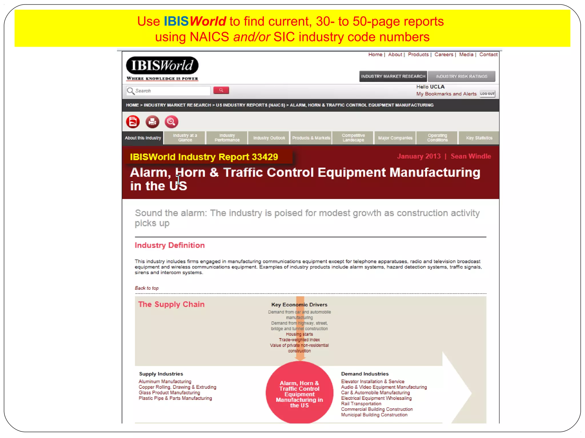 Use IBISWorld to find current, 30- to 50-page reports
using NAICS and/or SIC industry code numbers

 