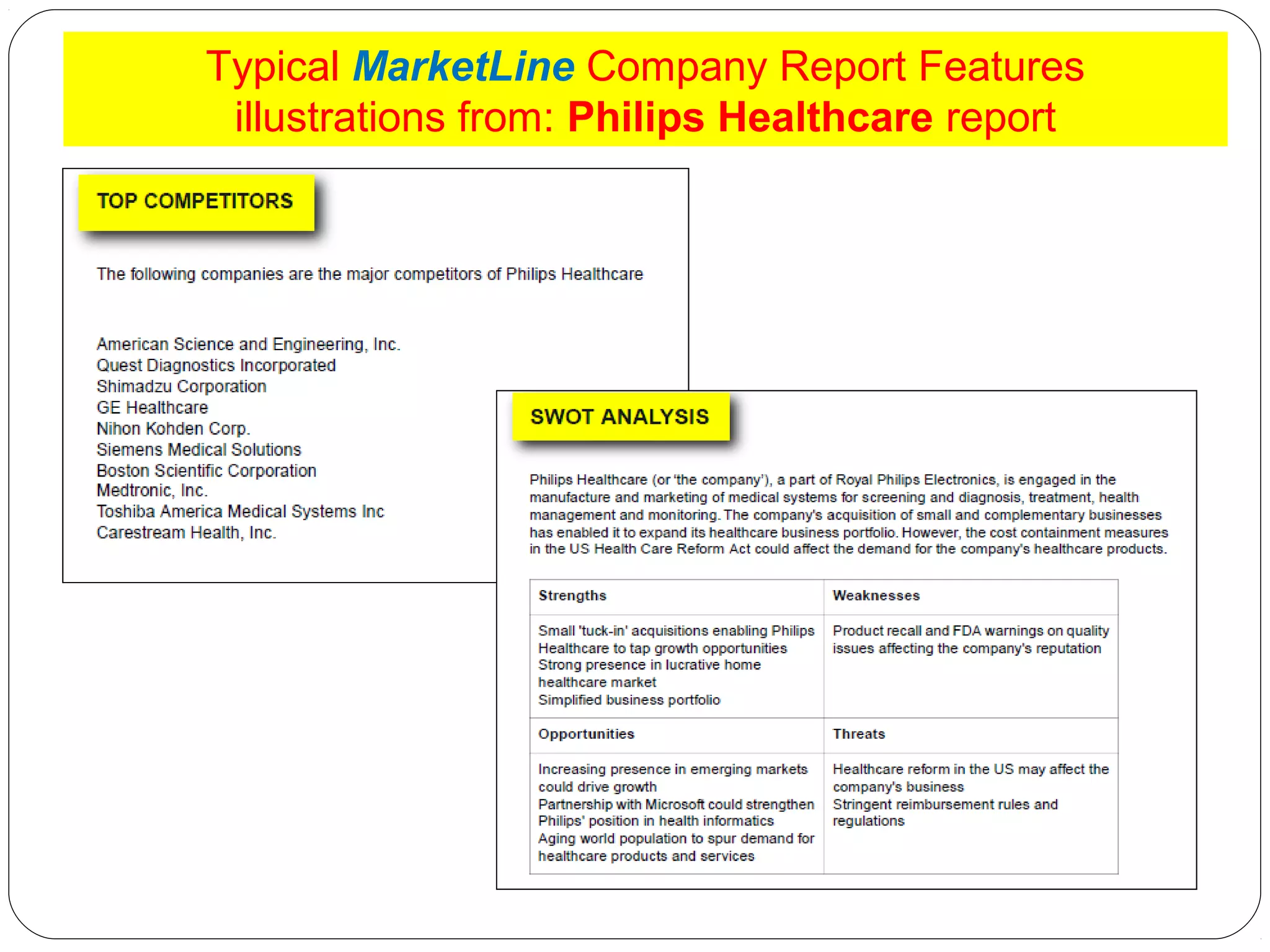 Typical MarketLine Company Report Features
illustrations from: Philips Healthcare report

 