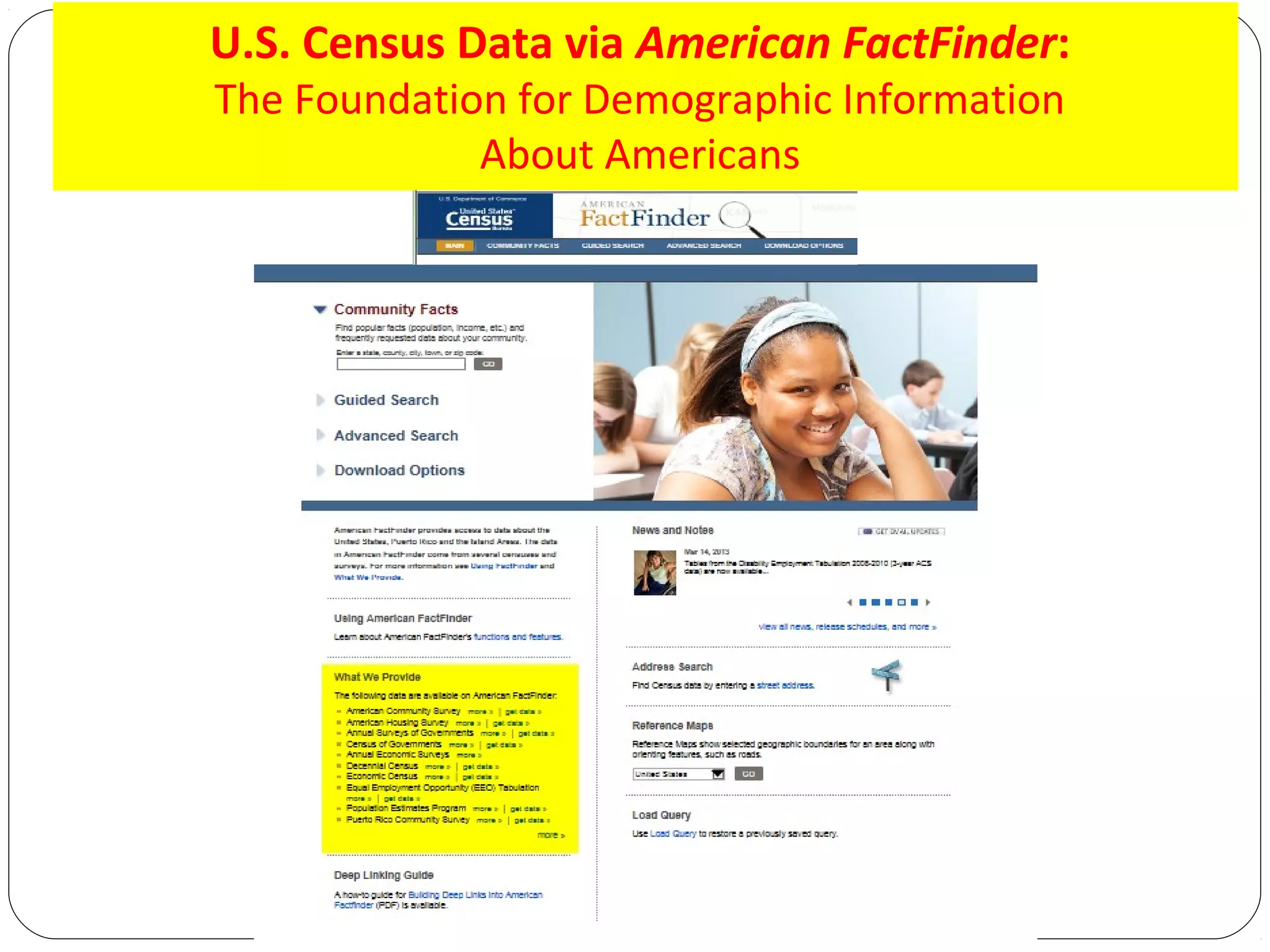 U.S. Census Data via American FactFinder:
The Foundation for Demographic Information
About Americans

 