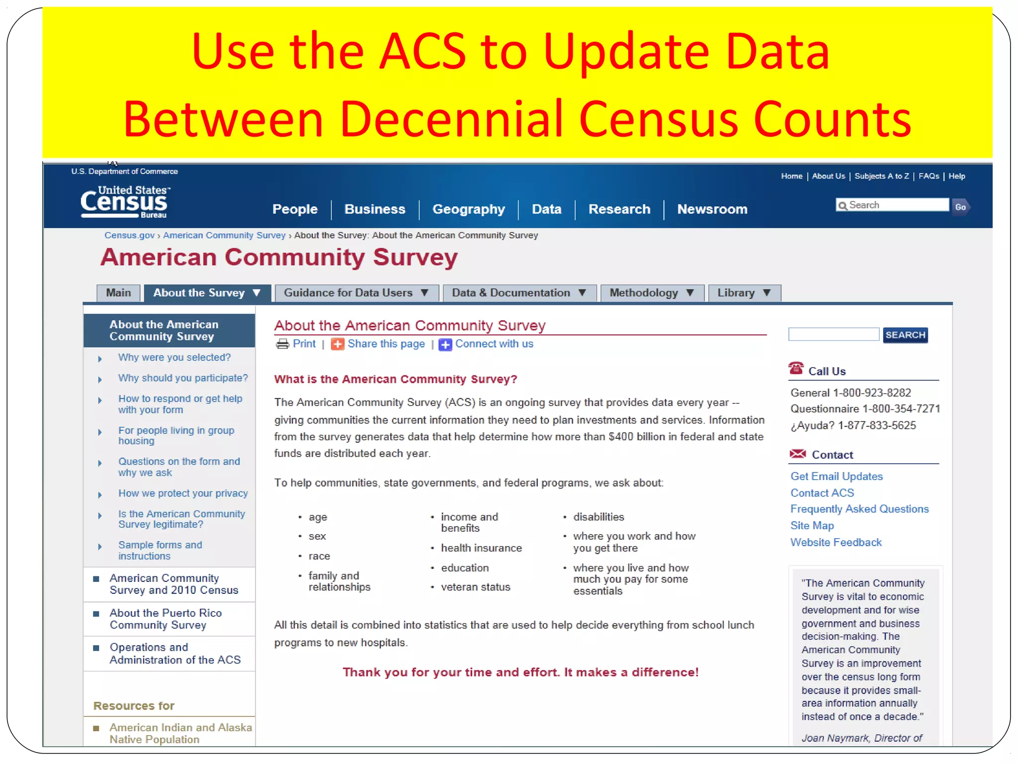 Use the ACS to Update Data
Between Decennial Census Counts

 