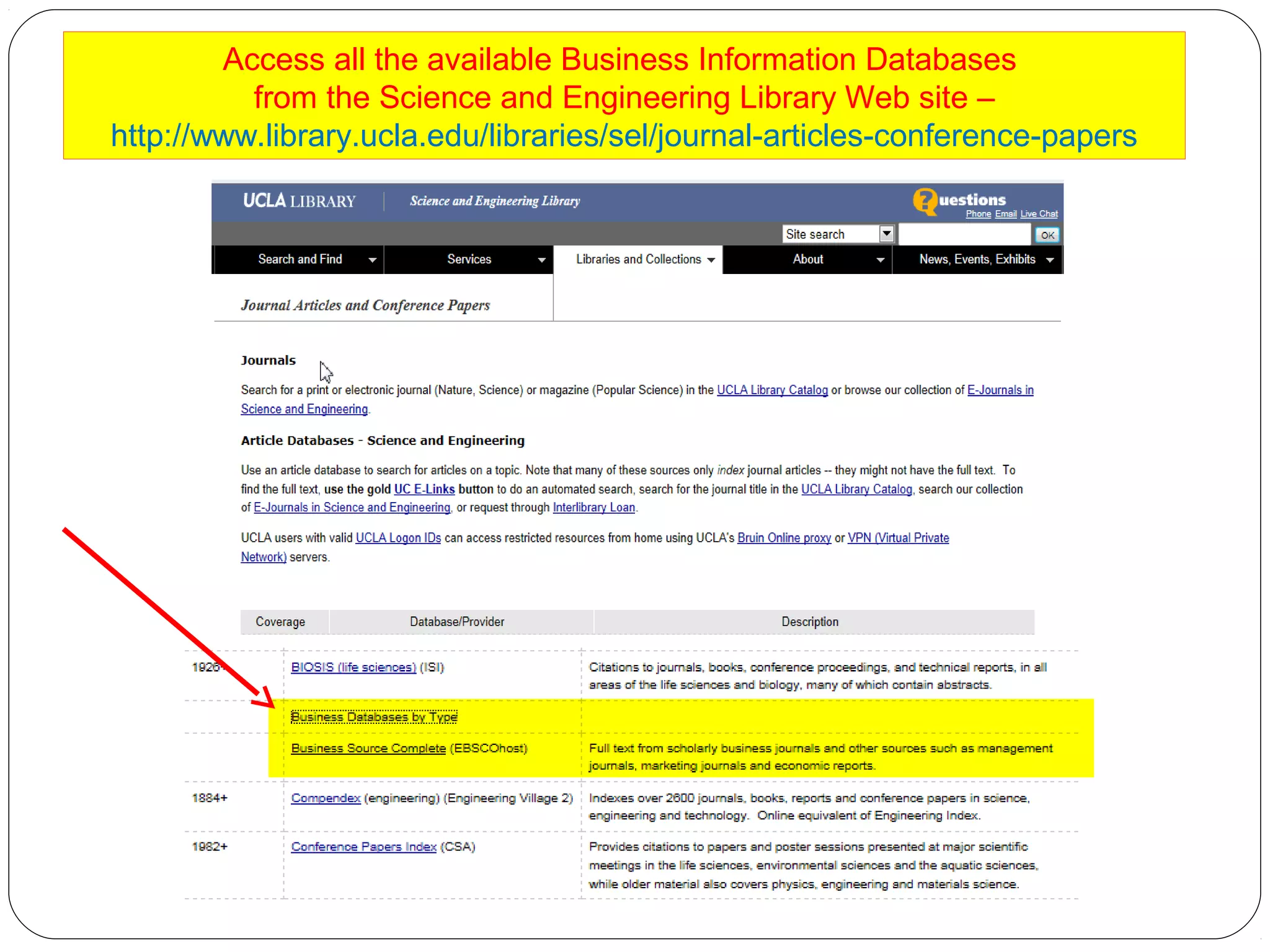 Access all the available Business Information Databases
from the Science and Engineering Library Web site –
http://www.library.ucla.edu/libraries/sel/journal-articles-conference-papers

 