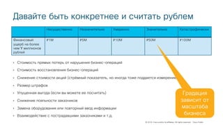 © 2018 Cisco and/or its affiliates. All rights reserved. Cisco Public
Несущественно Незначительно Умеренно Значительно Катастрофически
Финансовый
ущерб на более
чем Y миллионов
рублей
₽1М ₽5М ₽10М ₽50М ₽100М
Давайте быть конкретнее и считать рублем
• Стоимость прямых потерь от нарушения бизнес-операций
• Стоимость восстановления бизнес-операций
• Снижение стоимости акций (стрёмный показатель, но иногда тоже поддается измерению)
• Размер штрафов
• Упущенная выгода (если вы можете ее посчитать)
• Снижение лояльности заказчиков
• Замена оборудования или повторный ввод информации
• Взаимодействие с пострадавшими заказчиками и т.д.
Градация
зависит от
масштаба
бизнеса
 