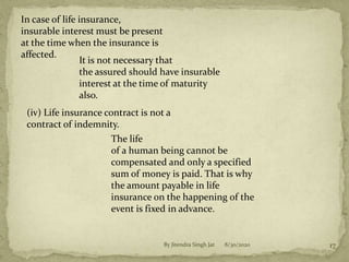 In case of life insurance,
insurable interest must be present
at the time when the insurance is
affected.
It is not necessary that
the assured should have insurable
interest at the time of maturity
also.
(iv) Life insurance contract is not a
contract of indemnity.
The life
of a human being cannot be
compensated and only a specified
sum of money is paid. That is why
the amount payable in life
insurance on the happening of the
event is fixed in advance.
8/30/2020 17By Jitendra Singh Jat
 