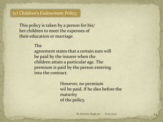 8/30/2020By Jitendra Singh Jat 24
(v) Children’s Endowment Policy:
This policy is taken by a person for his/
her children to meet the expenses of
their education or marriage.
The
agreement states that a certain sum will
be paid by the insurer when the
children attain a particular age. The
premium is paid by the person entering
into the contract.
However, no premium
wil be paid, if he dies before the
maturity
of the policy.
 