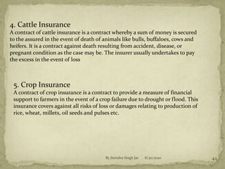 8/30/2020By Jitendra Singh Jat 42
4. Cattle Insurance
A contract of cattle insurance is a contract whereby a sum of money is secured
to the assured in the event of death of animals like bulls, buffaloes, cows and
heifers. It is a contract against death resulting from accident, disease, or
pregnant condition as the case may be. The insurer usually undertakes to pay
the excess in the event of loss
5. Crop Insurance
A contract of crop insurance is a contract to provide a measure of financial
support to farmers in the event of a crop failure due to drought or flood. This
insurance covers against all risks of loss or damages relating to production of
rice, wheat, millets, oil seeds and pulses etc.
 
