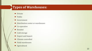 Types of Warehouses:
 Private
 Public
 Government
 Distribution center or warehouses
 Co-operative
 Bonded
 Cold storage
 Export and Import
 Climate controlled
 Field warehouses
 Agricultural
13
 