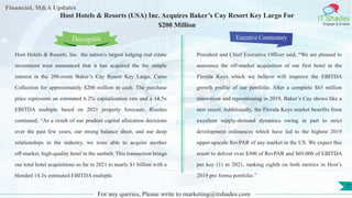 Lorem
ipsum
dolor sit
amet,
consec-
tetuer
Financial, M&A Updates
IT Shades
Engage & Enable
Host Hotels & Resorts (USA) Inc. Acquires Baker’s Cay Resort Key Largo For
$200 Million
Host Hotels & Resorts, Inc.  the nation's largest lodging real estate
investment trust announced that it has acquired the fee simple
interest in the 200-room Baker’s Cay Resort Key Largo, Curio
Collection for approximately $200 million in cash. The purchase
price represents an estimated 6.2% capitalization rate and a 14.5x
EBITDA multiple based on 2021 property forecasts. Risoleo
continued, “As a result of our prudent capital allocation decisions
over the past few years, our strong balance sheet, and our deep
relationships in the industry, we were able to acquire another
off-market, high-quality hotel in the sunbelt. This transaction brings
our total hotel acquisitions so far in 2021 to nearly $1 billion with a
blended 14.3x estimated EBITDA multiple.
Executive Commentary
President and Chief Executive Officer said, “We are pleased to
announce the off-market acquisition of our first hotel in the
Florida Keys which we believe will improve the EBITDA
growth profile of our portfolio. After a complete $63 million
renovation and repositioning in 2019, Baker’s Cay shows like a
new resort. Additionally, the Florida Keys market benefits from
excellent supply-demand dynamics owing in part to strict
development ordinances which have led to the highest 2019
upper-upscale RevPAR of any market in the US. We expect this
resort to deliver over $300 of RevPAR and $69,000 of EBITDA
per key (1) in 2021, ranking eighth on both metrics in Host’s
2019 pro forma portfolio.”
For any queries, Please write to marketing@itshades.com
Description
7
 