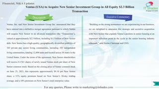 Lorem
ipsum
dolor sit
amet,
consec-
tetuer
Financial, M&A Updates
IT Shades
Engage & Enable
Ventas (USA) to Acquire New Senior Investment Group in All Equity $2.3 Billion
Transaction
Ventas, Inc. and New Senior Investment Group Inc. announced that they
have entered into a definitive merger agreement pursuant to which Ventas
will acquire New Senior in an all-stock transaction (the “Transaction”),
valued at approximately $2.3 billion, including $1.5 billion of New Senior
debt. New Senior has a high-quality, geographically diversified portfolio of
103 private pay senior living communities, including 102 independent
living communities, totaling 12,404 units and located across 36 states in the
United States. Under the terms of the agreement, New Senior shareholders
will receive 0.1561 shares of newly issued Ventas stock per share of New
Senior common stock. Based on the closing price of Ventas common stock
on June 25, 2021, this represents approximately $9.10 per New Senior
share, a 31% equity premium based on New Senior’s 30-day trading
average, and a 10% premium on New Senior’s total enterprise value.
Executive Commentary
“Building on the strong momentum we are experiencing in our business,
we are delighted to announce this strategic and accretive acquisition
with New Senior that expands Ventas’s position in senior housing at an
important inflection point in the cycle as the senior housing industry
rebounds,” said Ventas Chairman and CEO.
For any queries, Please write to marketing@itshades.com
Description
10
 