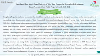 R & R Updates
IT Shades
Engage & Enable
Hang Lung (Hong Kong): Grand Gateway 66 Wins “Best Commercial Renovation/Redevelopment
Project” Award at Asia Pacific Property Awards 2021–2022
For any queries, Please write to marketing@itshades.com
23
Hang Lung Properties is pleased to announce that Grand Gateway 66, its landmark project in Shanghai, has won yet another major award for its
outstanding Asset Enhancement Initiative “Best Commercial Renovation/Redevelopment Project”– at the Asia Pacific Property Awards
2021-2022. This latest top industry award deepens the recognition of the outstanding strength of Hang Lung Properties following the Gold Award
in the “Best Refurbished Building” category at MIPIM Asia Awards 2020, and the “Best Asset Enhancement Initiative (Mainland China)” at the
PropertyGuru Asia Property Awards 2020. As the first comprehensive commercial project in mainland China, Grand Gateway 66 has been a retail
landmark combining business and culture since it opened two decades ago. To strengthen its leading position in the luxury retail market, and to
fully reflect the Company’s customer-centric focus, Grand Gateway 66 has positioned itself as the “Gateway to Inspiration”. Following the
completion of the three-year Asset Enhancement Initiative last November, Grand Gateway 66 will continue to deliver an enriched brand matrix,
inspiring customers and raising the bar in providing unique Hang Lung one-stop lifestyle experiences. Established in 2008, the Asia Pacific
Property Awards has become the largest, most prestigious and influential section of The International Property Awards, a world-renowned and
coveted mark of excellence. The awards aim to honour the outstanding property projects in Asia Pacific. Over the years, it has been regarded as
one of the most recognized awards in the region for its authority and rigorous judging criteria.
R&R Description
 