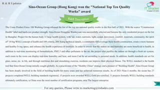 R & R Updates
IT Shades
Engage & Enable
Sino-Ocean Group (Hong Kong) won the "National Top Ten Quality
Works" award
For any queries, Please write to marketing@itshades.com
26
The Crane Product Force 100 Working Group released the list of the top ten national quality works in the first half of 2021. With the scarce "Construction
Health" label and hard-core product strength, Sino-Ocean Hongqiao Wanheyuan was successfully selected and became the only residential project on the list
in Shanghai. Project for the human body 11 large health system, with "air, water, nutrients, light, sound, movement, comfort, materials, community, the spirit
of" 10 big WELL concept of health and 108 criteria, 204 Xiang technical details, a community full coverage Style health construction, create a more humane
and healthy living space, and enhance the health experience of residents. In order to ensure that the indoor air and humidity are more beneficial to health, in
addition to real-time monitoring of formaldehyde, PM2.5 and other pollutants in the air, the project also purifies the indoor air through a fresh air system;
each room in the room can display real-time humidity and heat, and more Can be set according to personal needs. In addition, health standards are set for
glare, noise, etc. in life, and through nutritious diet and stimulating exercise, residents can improve their physical fitness. The WELL standard is the health
tool that Sino-Ocean Group initially sought globally. As a practitioner of the "Healthy China" strategy and a pioneer of "Building Health", Sino-Ocean Group
has been deeply involved in the field of building health for many years and has achieved numerous results. As of 2021 Nian 6 months, the ocean has 27
projects completed WELL building standards registered, 15 projects were awarded WELL Gold pre-certified, 11 projects formally WELL building standards
ultimately certification, is China won the most number of certification programs, area The largest enterprise.
R&R Description
 