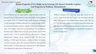 Lorem
ipsum
dolor sit
amet,
consec-
tetuer
Financial, M&A Updates
IT Shades
Engage & Enable
Boston Properties (USA) Builds on Its Growing Life Sciences Portfolio Acquires
Lab Properties in Waltham, Massachusetts
Boston Properties, Inc. the largest publicly traded developer, owner, and
manager of Class A office properties in the United States, announced that it
has acquired 153 & 211 Second Avenue, two lab properties comprising
153,000 square-feet in Waltham, Massachusetts, a highly desirable location
for leading and emerging companies in the life sciences and biotechnology
sector. The Company acquired the two lab buildings from an affiliate of
Montana Avenue Capital Partners, LLC for a gross purchase price of $100
million in cash. 153 & 211 Second Avenue are 100% leased to a leading
pharmaceutical company and are adjacent to BXP’s 200 West Street
building, a 272,000 square feet property, a portion of which was recently
converted to lab space, that is 100% leased to Translate Bio. The acquisition
builds on BXP’s 4.9 million square feet of lab and Class A office properties
in the Waltham/Lexington region of Massachusetts.
Executive Commentary
“Waltham continues to be a dominant urban edge location for life
sciences organizations that want to attract and retain highly-educated
talent,” said Executive Vice President, Boston Region, BXP. “The 153
& 211 Second Avenue campus provides both location and amenities that
offer long-term value for current and prospective clients and is another
example of BXP’s ability to meet the growing demand of companies in
the biotechnology sector.”
For any queries, Please write to marketing@itshades.com
Description
3
 