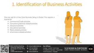 1. Identification of Business Activities
One can opt for a Free Zone Business Setup in Dubai if he requires a
license for:
• Commercial/Trade activities
• Consultancy/Services related activities
• Industrial activities
• Educational activities
• Media related activities
• eCommerce related activities
 