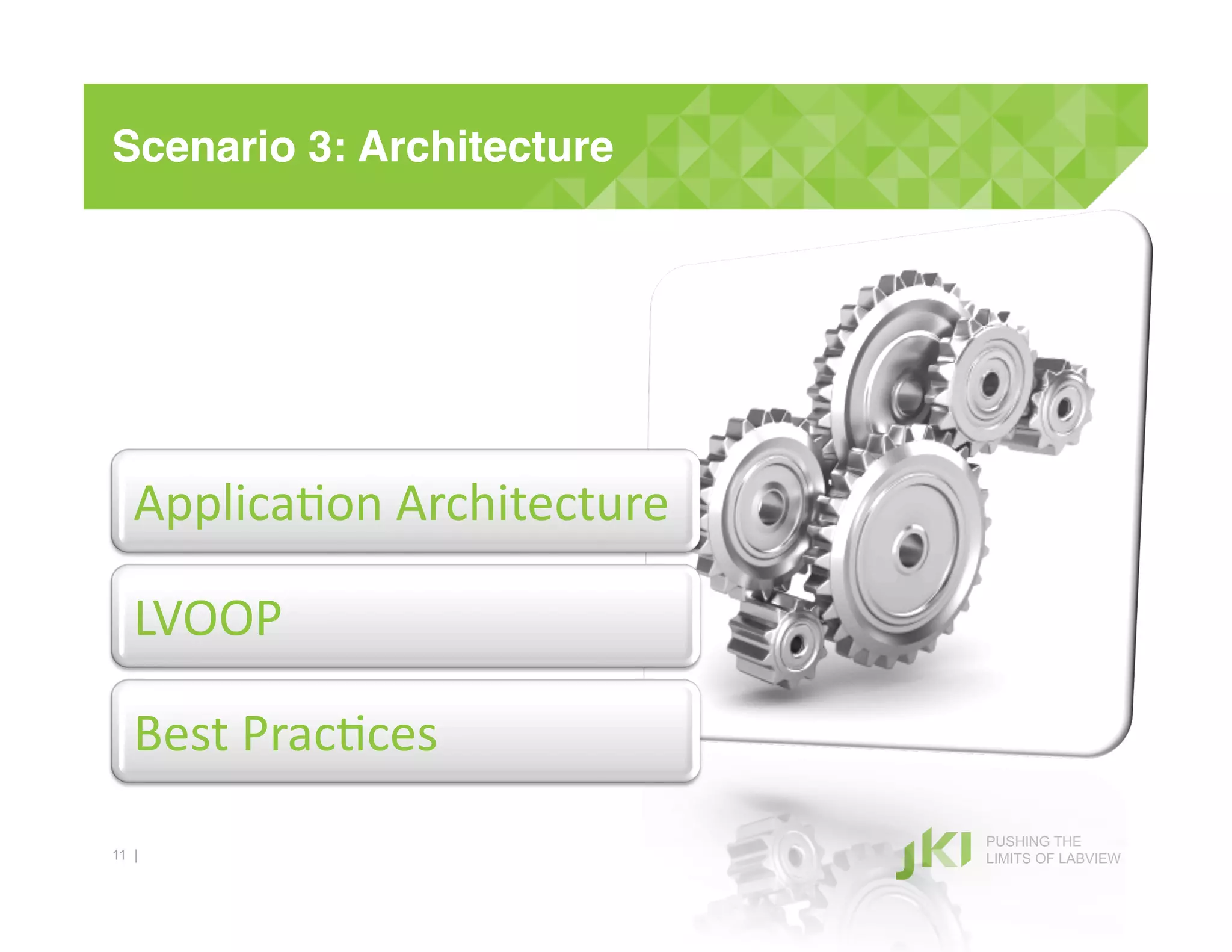 Scenario 3: Architecture!




   Applica+on#Architecture#

   LVOOP#

   Best#Prac+ces#
                              PUSHING THE
11 |                          LIMITS OF LABVIEW
 