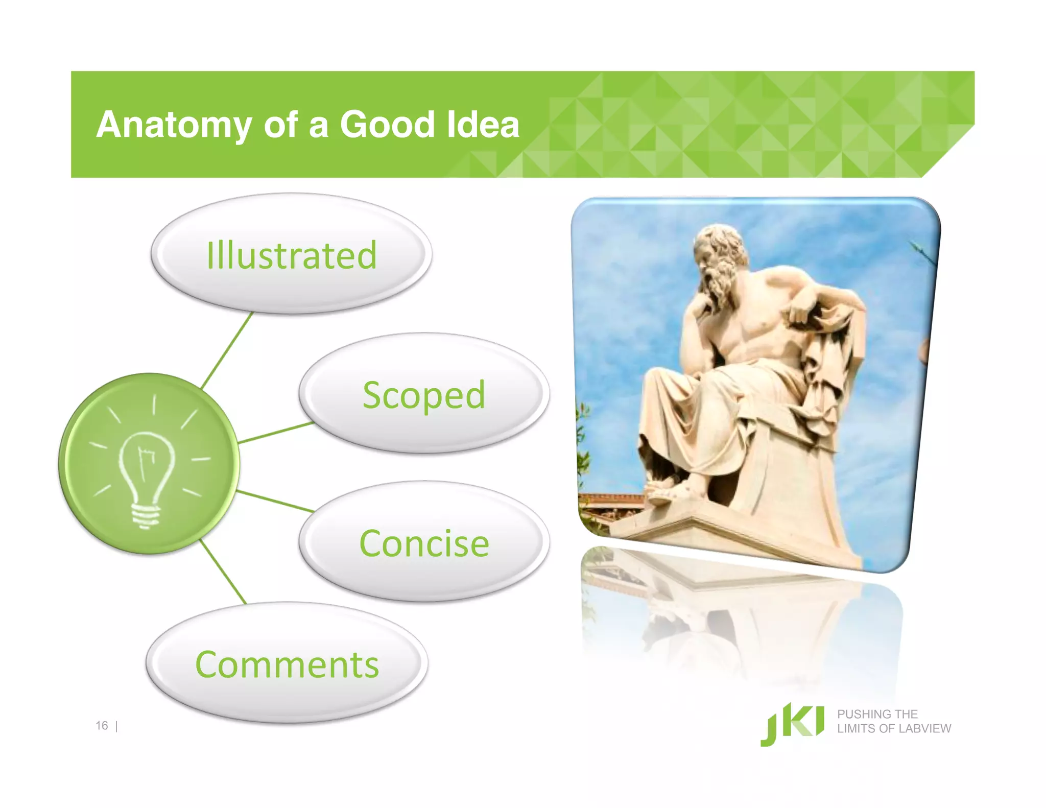 Anatomy of a Good Idea!


       Illustrated#


                 Scoped#


                 Concise#

       Comments#
                            PUSHING THE
16 |                        LIMITS OF LABVIEW
 