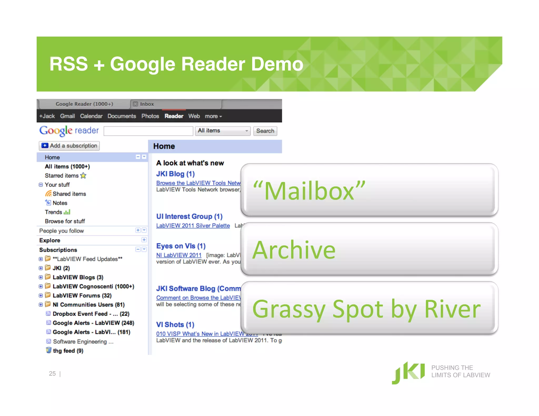 RSS + Google Reader Demo!




                   “Mailbox”#

                   Archive#

                   Grassy#Spot#by#River#
                                   PUSHING THE
25 |                               LIMITS OF LABVIEW
 