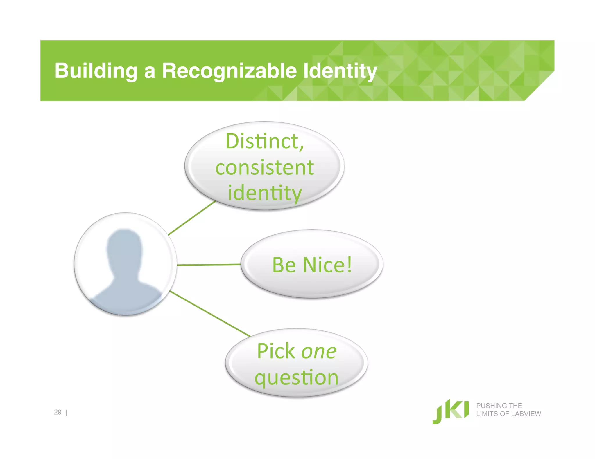 Building a Recognizable Identity!!


                 Dis+nct,#
                consistent#
                 iden+ty#


                      Be#Nice!#


                    Pick#one#
                    ques+on#
                                     PUSHING THE
29 |                                 LIMITS OF LABVIEW
 