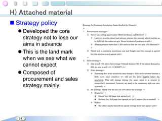 H) Attached material
 Strategy policy
 Developed the core
strategy not to lose our
aims in advance
 This is the land mark
when we see what we
cannot expect
 Composed of
procurement and sales
strategy mainly

24

 