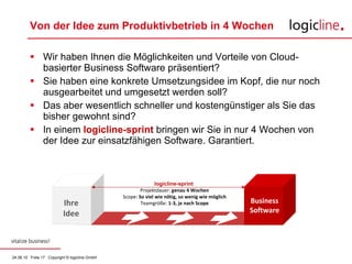 Von der Idee zum Produktivbetrieb in 4 Wochen Wir haben Ihnen die Möglichkeiten und Vorteile von Cloud-basierter Business Software präsentiert? Sie haben eine konkrete Umsetzungsidee im Kopf, die nur noch ausgearbeitet und umgesetzt werden soll? Das aber wesentlich schneller und kostengünstiger als Sie das bisher gewohnt sind? In einem  logicline-sprint  bringen wir Sie in nur 4 Wochen von der Idee zur einsatzfähigen Software. Garantiert. logicline-sprint  Projektdauer:  genau 4 Wochen Scope:  So viel wie nötig, so wenig wie möglich Teamgröße:  1-3, je nach Scope Ihre Idee Business Software 