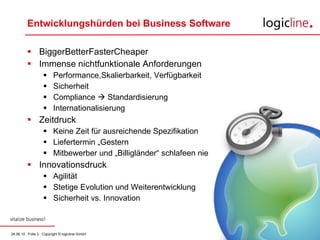 BiggerBetterFasterCheaper  Immense nichtfunktionale Anforderungen Performance,Skalierbarkeit, Verfügbarkeit Sicherheit Compliance    Standardisierung Internationalisierung Zeitdruck Keine Zeit für ausreichende Spezifikation Liefertermin „Gestern Mitbewerber und „Billigländer“ schlafeen nie Innovationsdruck Agilität Stetige Evolution und Weiterentwicklung Sicherheit vs. Innovation Entwicklungshürden bei Business Software 