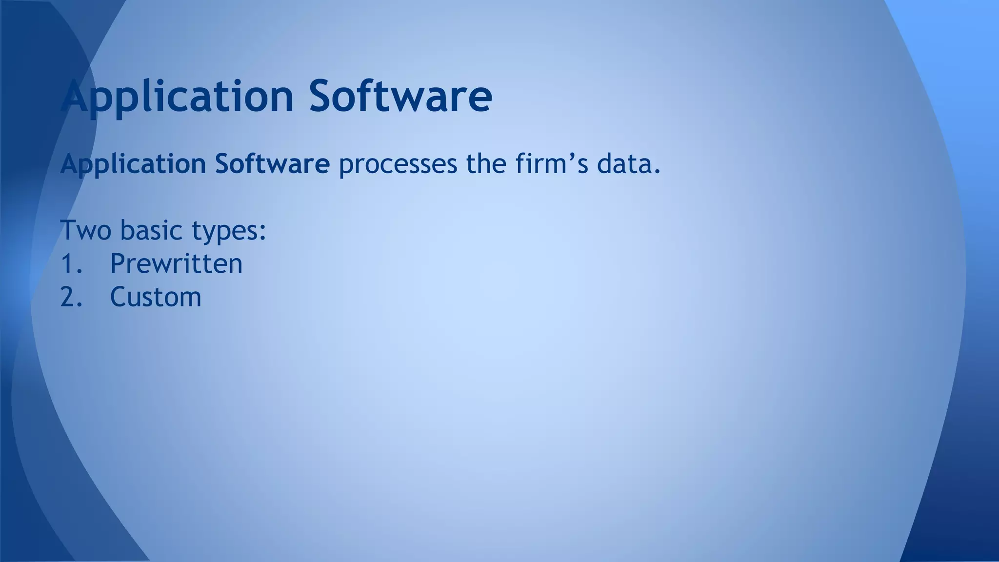 Application Software processes the firm’s data.
Two basic types:
1. Prewritten
2. Custom
Application Software
 