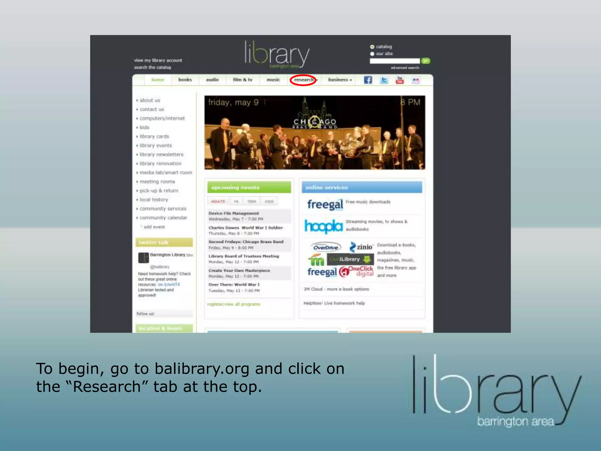Go to balibrary.org and click on
“databases.”
 