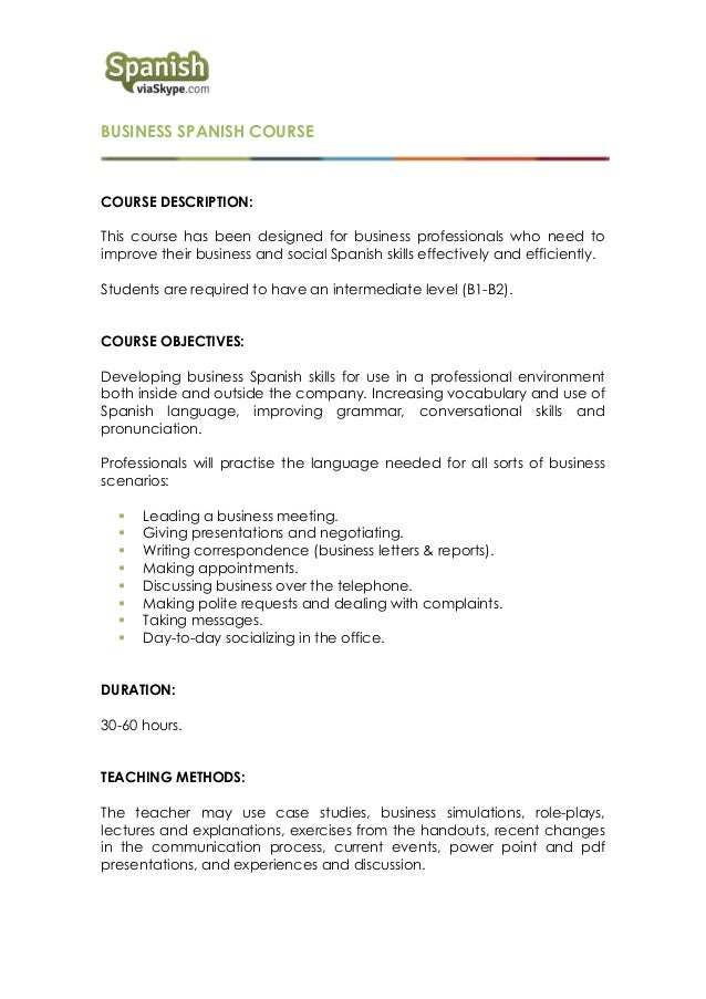 Business Spanish Course Business Spanish Course