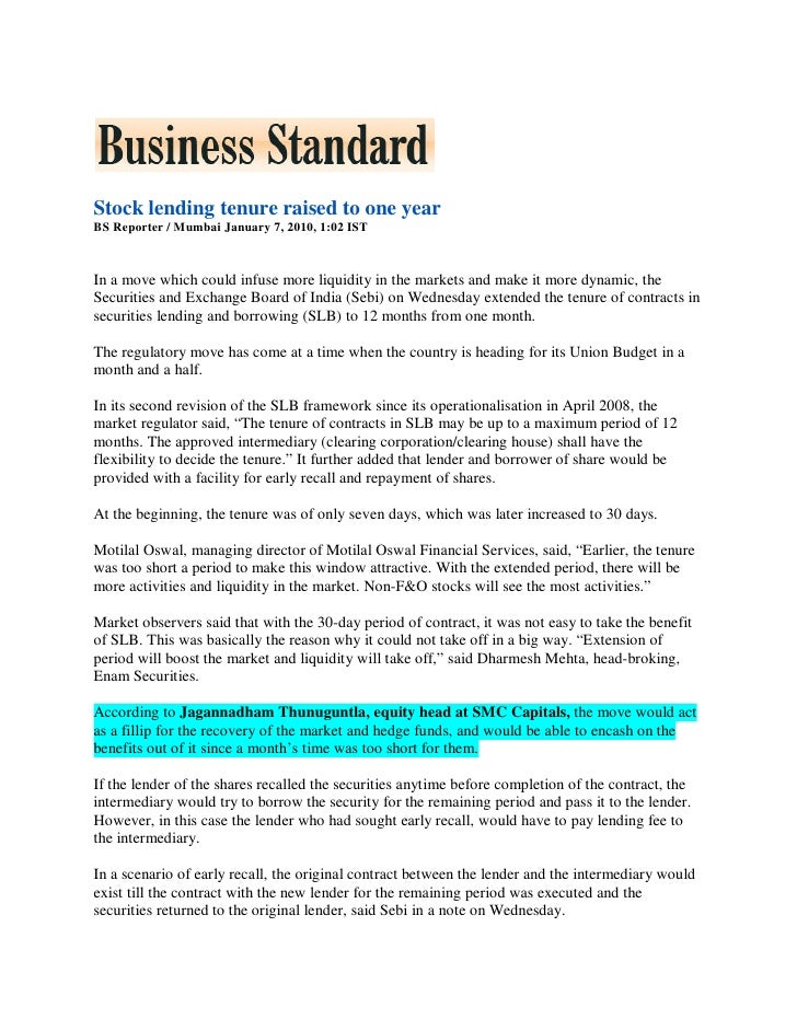business standard 7 jan 2010 stock lending tenure raised to one year contract between lender and borrower