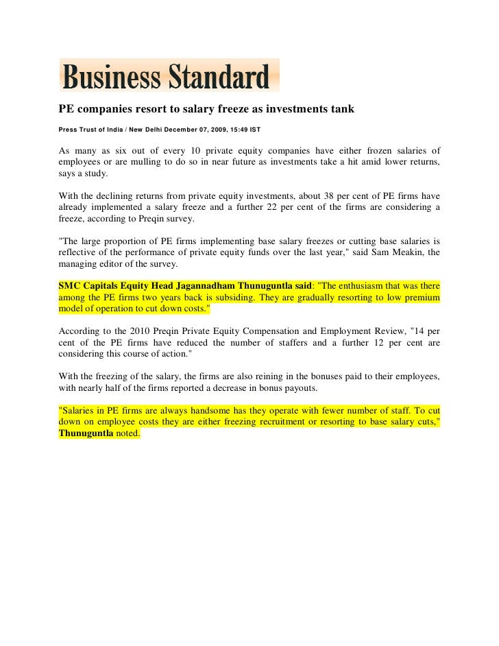 Business Standard Dec 7 2009 Pe Companies Resort To Salary Freeze