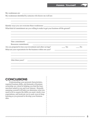 Yourself
                                                                 Assess Yourself


My weaknesses are:    ______________________________________________________________________________
My weaknesses identified by someone who knows me well are:
_______________________________________________________________________________
       ___________________________________________________________________________________________
       ___________________________________________________________________________________________
Identify ways you can overcome these weaknesses: ____________________________________________________
What kind of commitment are you willing to make to get your business off the ground?
       ___________________________________________________________________________________________
       ___________________________________________________________________________________________
       ___________________________________________________________________________________________
       ___________________________________________________________________________________________
       Time commitment:       ________________________________________________________________________
       Resources commitment:          _________________________________________________________________
Are you prepared to lose your investment and other savings?              ____ Yes        ____ No
What are your expectations for the business within one year?    _______________________________________
       ___________________________________________________________________________________________
       ___________________________________________________________________________________________
       ___________________________________________________________________________________________
       After three years?     ________________________________________________________________________
       ___________________________________________________________________________________________
       ___________________________________________________________________________________________
       ___________________________________________________________________________________________




CONCLUSIONS
CONCLUSIONS
      Understanding your personal characteristics,
required business skills, and demands of business
ownership are critical in helping you find the busi-
ness best suited to you and your interest. Honestly
assessing yourself will help you determine what you
need to do to acquire the skills you need, clarify your
expectations, and motivate you to seek ways to keep
learning as you proceed to develop your business
idea.




                                                                                                      5
 