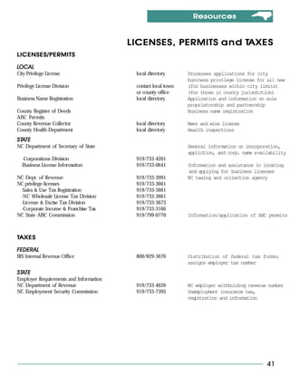 Resources



                                                                TAXES
                                        LICENSES, PERMITS a n d TAXES
LICENSES/PERMITS

LOCAL
City Privilege License                   local directory      Processes applications for city
                                                              business privilege license for all new
Privilege License Division               contact local town   (for businesses within city limits)
                                         or county office     (for those in county jurisdiction)
Business Name Registration               local directory      Application and information on sole
                                                              proprietorship and partnership
County Register of Deeds                                      Business name registration
ABC Permits
County Revenue Collector                 local directory      Beer and wine license
County Health Department                 local directory      Health inspections
STATE
STA
NC Department of Secretary of State                           General information on incorporation,
                                                              appliction, and corp. name availability
  -Corporations Division                 919/733-4201
 -Business License Information           919/733-0641         Information and assistance in locating
                                                              and applying for business licenses
NC Dept. of Revenue                      919/733-3991         NC taxing and collection agency
NC privilege licenses                    919/733-3661
 -Sales & Use Tax Registration           919/733-3661
 -NC Wholesale License Tax Division      919/733-3661
 -License & Excise Tax Division          919/733-3673
 -Corporate Income & Franchise Tax       919/733-3166
NC State ABC Commission                  919/799-0770         Information/application of ABC permits



TAXES

FEDERAL
IRS Internal Revenue Office              800/829-3676         Distribution of federal tax forms;
                                                              assigns employer tax number
STATE
STA
Employer Requirements and Information
NC Department of Revenue                 919/733-4626         NC employer withholding revenue number
NC Employment Security Commission        919/733-7395         Unemployment insurance tax,
                                                              registration and information




                                                                                             41
 