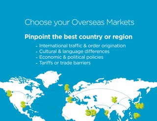 Choose your Overseas Markets
Pinpoint the best country or region
   -   International traffic & order origination
   -   Cultural & language differences
   -   Economic & political policies
   -   Tariffs or trade barriers




                            SR
                            SR
 