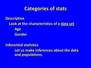 Categories of statsDescriptive	Look at the characteristics of a data set			Age			GenderInferential statistics			Let us make inferences about the data 			and populations.