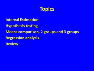 TopicsInterval EstimationHypothesis testingMeans comparison, 2 groups and 3 groupsRegression analysisReview