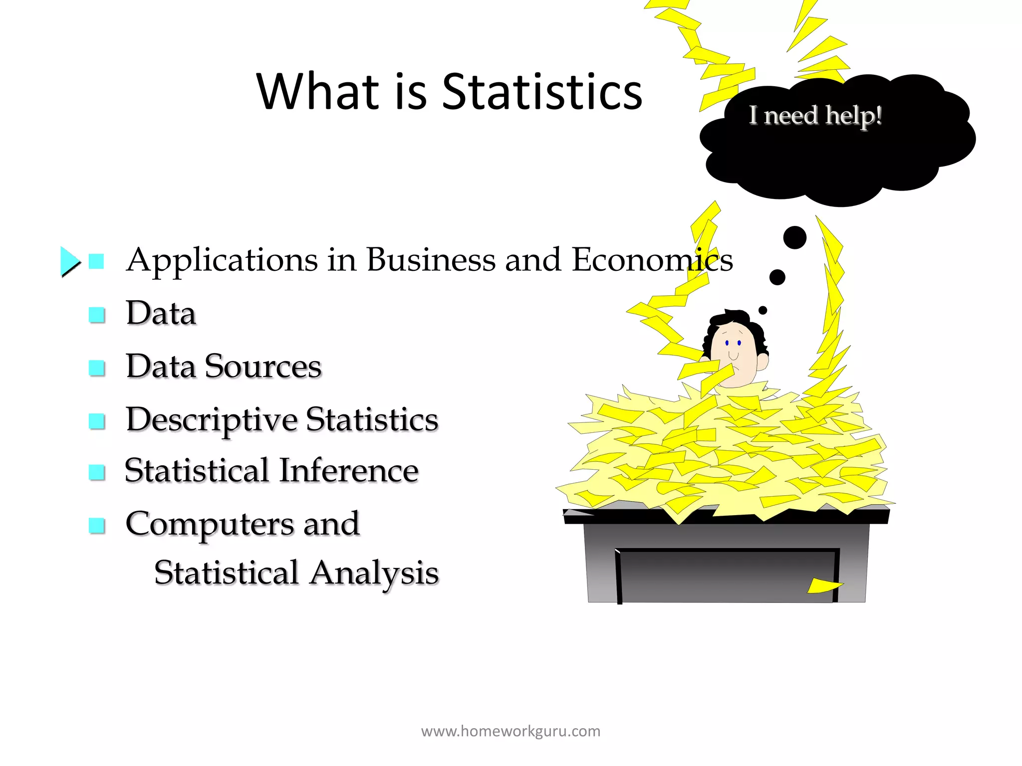 What is Statistics I need help!
 Applications in Business and Economics
 Data
 Data Sources
 Descriptive Statistics
 Statistical Inference
 Computers and
Statistical Analysis
www.homeworkguru.com
 