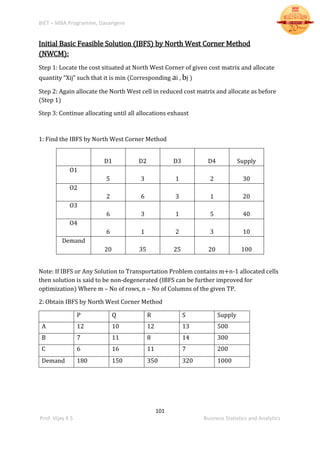 BIET – MBA Programme, Davangere
101
Prof. Vijay K S Business Statistics and Analytics
Initial Basic Feasible Solution (IBFS) by North West Corner Method
(NWCM):
Step 1: Locate the cost situated at North West Corner of given cost matrix and allocate
quantity “Xij” such that it is min (Corresponding ai , bj )
Step 2: Again allocate the North West cell in reduced cost matrix and allocate as before
(Step 1)
Step 3: Continue allocating until all allocations exhaust
1: Find the IBFS by North West Corner Method
D1 D2 D3 D4 Supply
O1
5 3 1 2 30
O2
2 6 3 1 20
O3
6 3 1 5 40
O4
6 1 2 3 10
Demand
20 35 25 20 100
Note: If IBFS or Any Solution to Transportation Problem contains m+n-1 allocated cells
then solution is said to be non-degenerated (IBFS can be further improved for
optimization) Where m – No of rows, n – No of Columns of the given TP.
2: Obtain IBFS by North West Corner Method
P Q R S Supply
A 12 10 12 13 500
B 7 11 8 14 300
C 6 16 11 7 200
Demand 180 150 350 320 1000
 