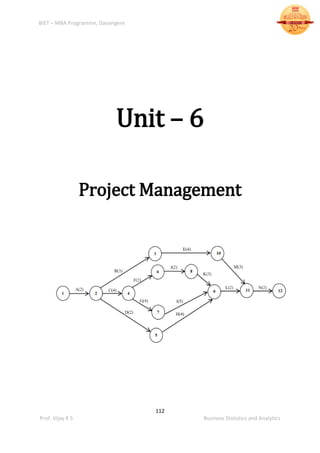 BIET – MBA Programme, Davangere
112
Prof. Vijay K S Business Statistics and Analytics
Unit – 6
Project Management
 