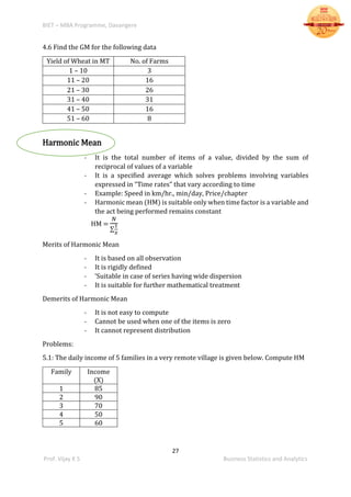 BIET – MBA Programme, Davangere
27
Prof. Vijay K S Business Statistics and Analytics
4.6 Find the GM for the following data
Yield of Wheat in MT No. of Farms
1 – 10 3
11 – 20 16
21 – 30 26
31 – 40 31
41 – 50 16
51 – 60 8
Harmonic Mean
- It is the total number of items of a value, divided by the sum of
reciprocal of values of a variable
- It is a specified average which solves problems involving variables
expressed in “Time rates” that vary according to time
- Example: Speed in km/hr., min/day, Price/chapter
- Harmonic mean (HM) is suitable only when time factor is a variable and
the act being performed remains constant
HM =
𝑁
∑
1
𝑥
Merits of Harmonic Mean
- It is based on all observation
- It is rigidly defined
- ‘Suitable in case of series having wide dispersion
- It is suitable for further mathematical treatment
Demerits of Harmonic Mean
- It is not easy to compute
- Cannot be used when one of the items is zero
- It cannot represent distribution
Problems:
5.1: The daily income of 5 families in a very remote village is given below. Compute HM
Family Income
(X)
1 85
2 90
3 70
4 50
5 60
 