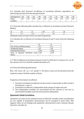 BIET – MBA Programme, Davangere
46
Prof. Vijay K S Business Statistics and Analytics
C-4: Calculate Karl Pearson’s Co-efficient of correlation between expenditure on
Advertising and sales from the data given below
Ad Expenses 39 65 62 90 82 75 25 98 36 78
Sales
(Lakhs)
47 53 58 86 62 68 60 91 51 84
C-5: From the following table calculate the co-efficient of correlation by Karl Pearson’s
Method
X 6 2 10 4 8
Y 9 11 ? 8 7
Arithmetic mean of X and Y series are 6 & 8 respectively
C-6: Calculate the co-efficient of correlation between X and Y series from the following
data
X Y
No. of Pairs of Observation 15 15
Arithmetic Mean 25 18
Standard Deviation 3.01 3.03
Sum of Squared Deviation from
Mean
136 138
C-7: The Co-efficient of correlation between X and Y is 0.48, the Co-variance of x, y is 36,
the variance of X is 16. Find the standard deviation of Y.
C-8: Given the following information
rxy = 0.8 ∑ 𝑥𝑦= 60 𝜎𝑦 = 2.5 and ∑ 𝑥2
= 90, where x and y are the deviation from the
respective means. Find the number of items.
Properties of Correlation Co-efficient
1. Pearson’s Correlation Co-efficient can bot exceed 1 numerically. In other words it
lies between -1 and +1
2. Correlation Co-efficient is independent of the change of origin and scale
3. Two Independent variables are uncorrelated but the converse is not true i.e.
uncorrelated variables need not necessarily be independent
Spearman’s Rank Correlation
Sometimes we come across statistical series in which the variables under consideration
are not capable of quantitative measurement can be arranged in serial order. This
happens when we are dealing with qualitative characteristics such a honesty, Beauty,
Character, morality etc.
 