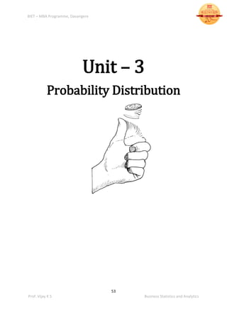 BIET – MBA Programme, Davangere
53
Prof. Vijay K S Business Statistics and Analytics
Unit – 3
Probability Distribution
 