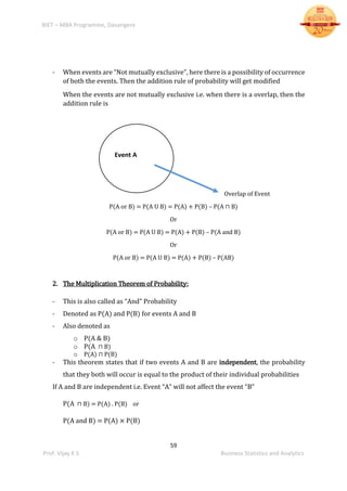 BIET – MBA Programme, Davangere
59
Prof. Vijay K S Business Statistics and Analytics
- When events are “Not mutually exclusive”, here there is a possibility of occurrence
of both the events. Then the addition rule of probability will get modified
When the events are not mutually exclusive i.e. when there is a overlap, then the
addition rule is
Overlap of Event
P(A or B) = P(A U B) = P(A) + P(B) – P(A ⊓ B)
Or
P(A or B) = P(A U B) = P(A) + P(B) – P(A and B)
Or
P(A or B) = P(A U B) = P(A) + P(B) – P(AB)
2. The Multiplication Theorem of Probability:
- This is also called as “And” Probability
- Denoted as P(A) and P(B) for events A and B
- Also denoted as
o P(A & B)
o P(A ⊓ B)
o P(A) ⊓ P(B)
- This theorem states that if two events A and B are independent, the probability
that they both will occur is equal to the product of their individual probabilities
If A and B are independent i.e. Event “A” will not affect the event “B”
P(A ⊓ B) = P(A) . P(B) or
P(A and B) = P(A) × P(B)
Event A
 