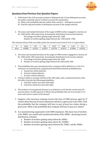 BIET – MBA Programme, Davangere
71
Prof. Vijay K S Business Statistics and Analytics
Questions from Previous Year Question Papers:
1. A Merchant’s file of 20 accounts contains 6 delinquent and 14 non-delinquent accounts.
An auditor randomly selects 5 of these accounts for examination:
A) What is the probability that the auditor finds exactly 2 – delinquent accounts?
B) Find the expected number of delinquent accounts in the sample selected.
2. The mean and standard deviation of the wages of 6000 workers engaged in a factory are
Rs. 1200 and Rs. 400 respectively. Assuming the distribution to be normal estimate:
Percentage of workers getting wages above Rs. 1600
Number of workers getting wages between Rs. 1100 and Rs. 1500
The relevant extract of the area table (under the normal courve from Z=0 to ∞ is given below
Z 0.25 0.5 0.6 0.75 1.00 1.25 1.5
Area 0.0987 0.1915 0.2257 0.2734 0.3413 0.3944 0.4332
3. The mean and standard deviation of the wages of 1000 workers engaged in a factory are
Rs. 1200 and Rs. 400 respectively. Assuming the distribution to be normal, estimate
a. Percentage of workers getting wages above Rs. 1600
b. Number of workers getting wages between Rs. 600 and Rs. 900
4. The probability that a pen manufactured by a company will be defective is 1/10. If 12
such pens are manufactured, using binomial distribution find the probability that.
a. Exactly two will be defective
b. At least 3 will be defective
c. At most 3 will be defective
5. A Project yields an average cash flow of Rs. 500 Lakhs, with a standard deviation of Rs.
60 Lakhs, Calculate the following probabilities.
a. Cash flow will be more than 560 Lakhs
b. Cash Flow will be less than 420 Lakhs
6. The incidence of occupational diseases in an industry is such that the worker have 20
percent chance of suffering from it. What is the probability that out of six worker’s 4 or
more will come in contact of the disease?
7. Suppose a life insurance company insures the lives of 5000 persons aged 42. If
studies show that any 42 years old person will die in a given year to be 0.001. Find
the probability that the company will have to pay at-least two claims during a
given year. What is the probability that company will have to pay zero claims?
8. In a manufacturing organization with 5000 employees. The mean was of workers
is Rs. 8000/- per month with standard deviation of Rs. 2000/-. Assuming normal
distribution, estimate:
a. Number of workers getting salary below Rs. 6000/-
b. Number of workers getting salary above Rs. 10,000/-
c. Number of workers getting salary between Rs. 7000/- and Rs. 9000/-
 