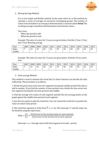 BIET – MBA Programme, Davangere
78
Prof. Vijay K S Business Statistics and Analytics
2. Moving Average Method:
It is a very simple and flexible method. As the name refers to, in this method we
calculate a series of averages of successive overlapping groups. The number of
values to be included in an average is determined by a constant called Period. The
resulting averages smoothens the fluctuations and extreme values.
Two cases
- When the period is odd
- When the period is even
Example: The sales of a store for 11 years are given below. Find the 3-Year, 5-Year
and 7-Year Mooving average
Year 2007 2008 2009 2010 2011 2012 2013 2014 2015 2016 2017
Sales
(Lakh)
7 13 19 25 31 37 43 49 55 61 67
Example: The sales of a store for 11 years are given below. Find the 4-Year and 6-
Year
Year 2007 2008 2009 2010 2011 2012 2013 2014 2015 2016 2017
Sales
(Lakh)
7 13 19 25 31 37 43 49 55 61 67
3. Semi-average Method:
This method is used to estimate the trend line if a linear function can discribe the data
sufficiently. This procedure is as follows
1. Divide the given time series into two segments leaving the middle period if the data is
odd in number. If you find the number of time periods even, divide the time series into
two segments leaving the two time period in the middle.
2. Find the average of te values of each segment and plot the two average points on the
graph against the middle time period of each segment.
3. Join the two points to plot the trend line. You can extend the trend line to predict the
value of a future time period.
4. The trend line equation is of the form 𝑌⏞ = a + bx. The intercept “a” and the slope can
be found by using the experssion,
Slope =
∆ 𝑌
∆ 𝑋
=
𝐷𝑖𝑓𝑓𝑒𝑟𝑒𝑛𝑐𝑒 𝑖𝑛 𝑡ℎ𝑒 𝑎𝑣𝑒𝑟𝑎𝑔𝑒 𝑣𝑎𝑙𝑢𝑒 𝑜𝑓 𝑒𝑎𝑐ℎ 𝑠𝑒𝑔𝑚𝑒𝑛𝑡
𝐷𝑖𝑓𝑓𝑒𝑟𝑒𝑛𝑐𝑒 𝑖𝑛 𝑡ℎ𝑒 𝑚𝑖𝑑 𝑝𝑒𝑟𝑖𝑜𝑑 𝑜𝑓 𝑒𝑎𝑐ℎ 𝑠𝑒𝑔𝑚𝑒𝑛𝑡
Intercept = a = Average value of the first segment at its mid – period
 