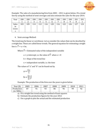 BIET – MBA Programme, Davangere
79
Prof. Vijay K S Business Statistics and Analytics
Example: The sales of a manufacturing firm from 2001 – 2011 is given below. Fit a trend
line by using the method of semi-averages and also estimate the sales for the year 2014.
Year 200
1
200
2
200
3
200
4
200
5
200
6
200
7
200
8
200
9
201
0
201
1
Sales
in
Crore
s
103 105 114 112 116 120 116 122 126 127 124
4. Semi-average Method:
The trend may be linear or curvilinear. Let us consider the values that can be descibed by
a stright line. These are called linear trends. The general equation for estimating a stright
line is 𝑌⏞ = a + bx.
Where 𝑌⏞ = Estimated value of the independent variable
a = y-intercept, i.e. the value of 𝑌⏞ when x = 0
b = Slope of the trend line
x = independent variable, i.e. the time
The values of “a” and “b” can be found out by
a =
∑ 𝑦
𝑛
b =
∑ 𝑥 𝑦
∑ 𝑥2
Example: The production of the firm over the years is given below
a) Fit a stright line trend using the method of least squares
b) Estimate the production figures for the year 2012
c) Use a graph to plot the actual and the estimated production
Year (X) 2005 2006 2007 2008 2009 2010 2011
Production
(in ‘000s)
87 91 93 86 96 99 92
 