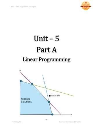 BIET – MBA Programme, Davangere
84
Prof. Vijay K S Business Statistics and Analytics
Unit – 5
Part A
Linear Programming
 
