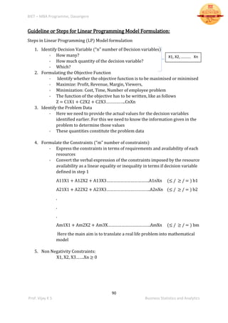 BIET – MBA Programme, Davangere
90
Prof. Vijay K S Business Statistics and Analytics
Guideline or Steps for Linear Programming Model Formulation:
Steps in Linear Programming (LP) Model formulation
1. Identify Decision Variable (“n” number of Decision variables)
- How many?
- How much quantity of the decision variable?
- Which?
2. Formulating the Objective Function
- Identify whether the objective function is to be maximised or minimised
- Maximize: Profit, Revenue, Margin, Viewers,
- Minimization: Cost, Time, Number of employee problem
- The function of the objective has to be written, like as follows
Z = C1X1 + C2X2 + C2X3……………..CnXn
3. Identify the Problem Data
- Here we need to provide the actual values for the decision variables
identified earlier. For this we need to know the information given in the
problem to determine those values
- These quantities constitute the problem data
4. Formulate the Constraints (“m” number of constraints)
- Express the constraints in terms of requirements and availability of each
resources
- Convert the verbal expression of the constraints imposed by the resource
availability as a linear equality or inequality in terms if decision variable
defined in step 1
A11X1 + A12X2 + A13X3……………………………….A1nXn (≤ / ≥ / = ) b1
A21X1 + A22X2 + A23X3………………………………..A2nXn (≤ / ≥ / = ) b2
.
.
.
Am1X1 + Am2X2 + Am3X……………………………….AmXn (≤ / ≥ / = ) bm
Here the main aim is to translate a real life problem into mathematical
model
5. Non Negativity Constraints:
X1, X2, X3…….Xn ≥ 0
X1, X2, ………. Xn
 